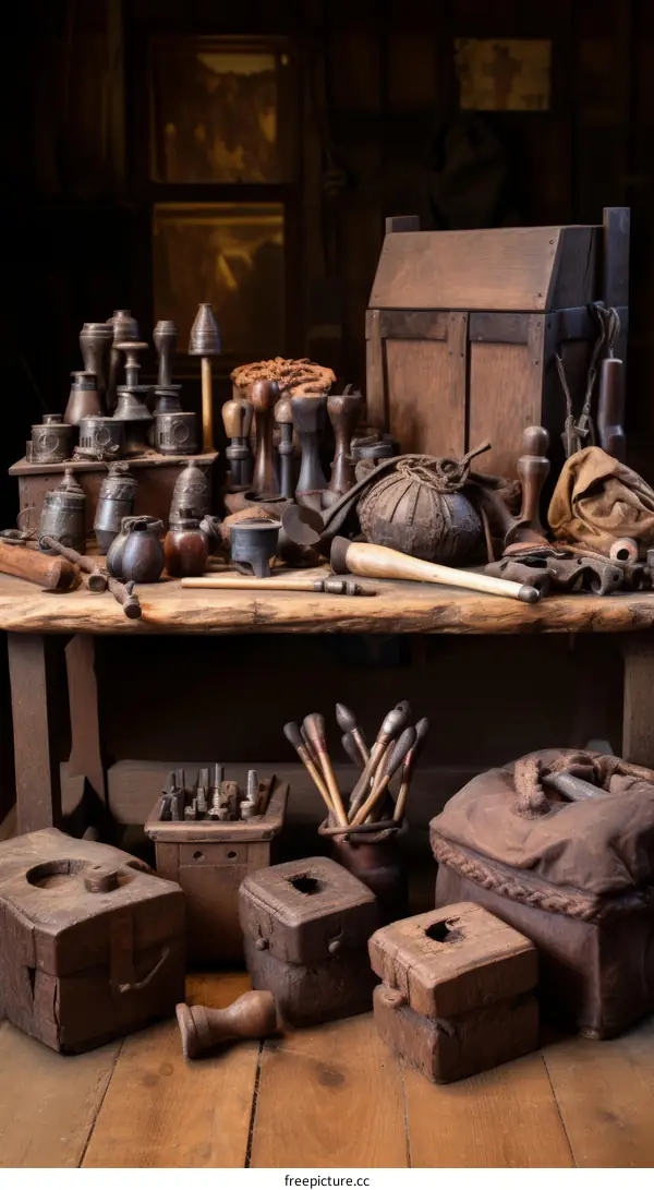 An illustration of a workbench with various woodworking tools and supplies
