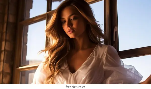 Sensual blonde woman in white dress standing near the window