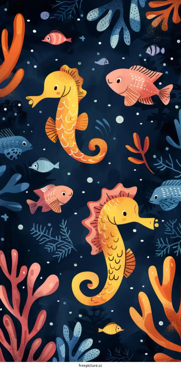 Colorful Illustration of Fish and Seahorses in a Coral Reef