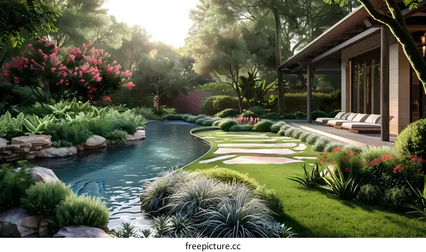 A beautiful garden with a pool and a house