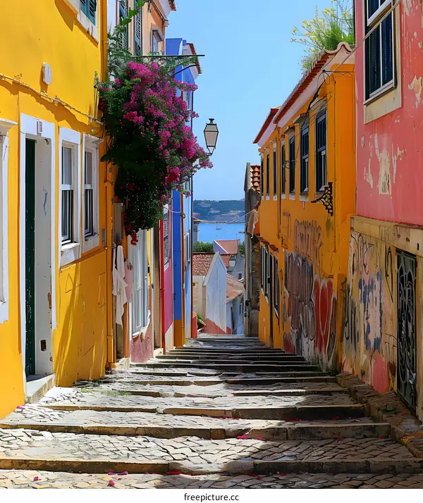 Colorful buildings line a narrow street with stone steps in Lisbon, Portugal