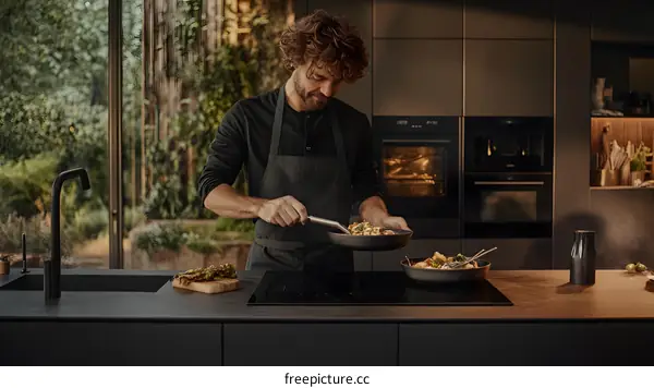 Man Cooking in Modern Kitchen with Black Appliances