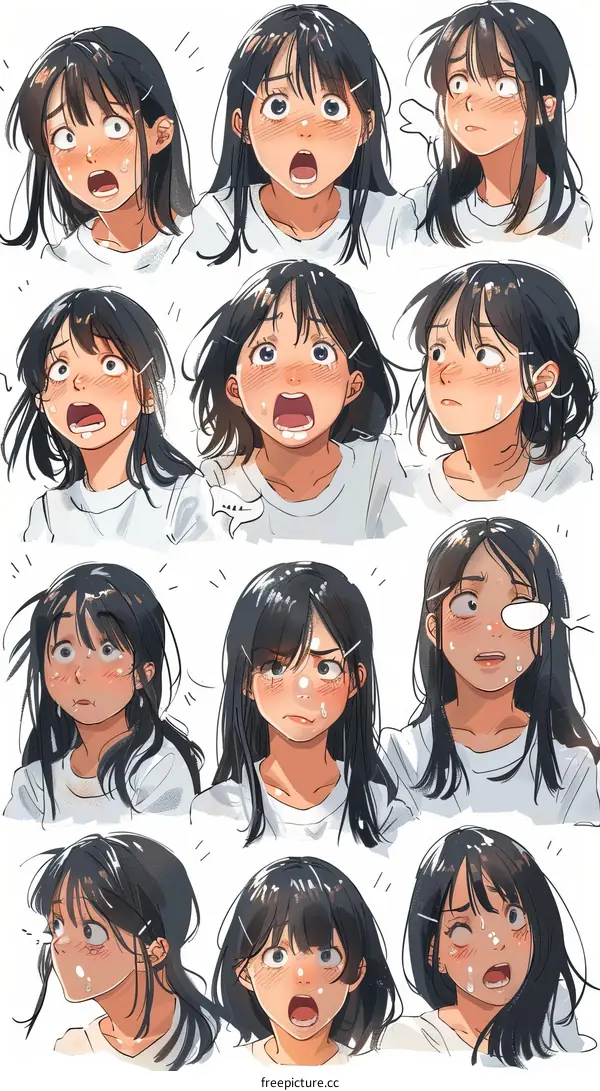 A collection of 12 different expressions of a young woman with black hair and brown eyes
