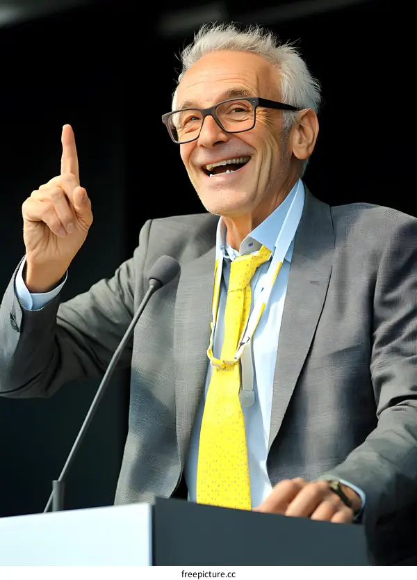 Smiling Man in Suit Speaking at a Podium