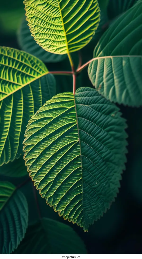 Close-up of green leaves with veins illuminated by sunlight