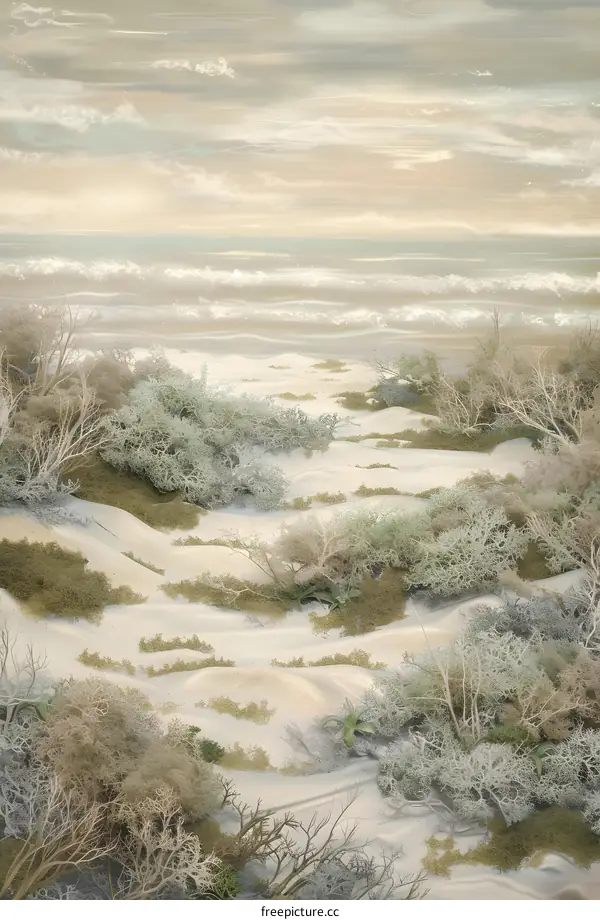 Abstract Landscape Painting with White Sands and Green Bushes