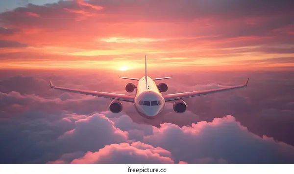 Airplane Flying Above Clouds at Sunset