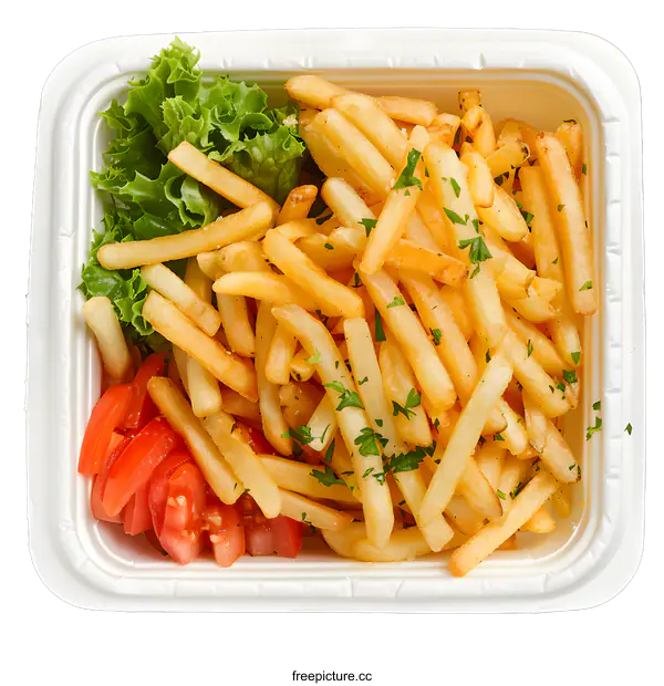 [Transparent Background PNG]French Fries with Tomato and Parsley in a White Container