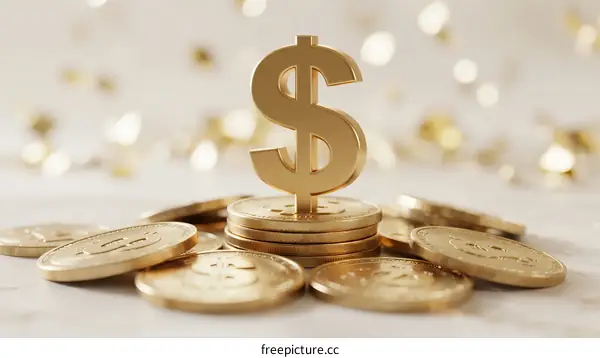 Golden Dollar Symbol with Stacked Coins for Financial Concept