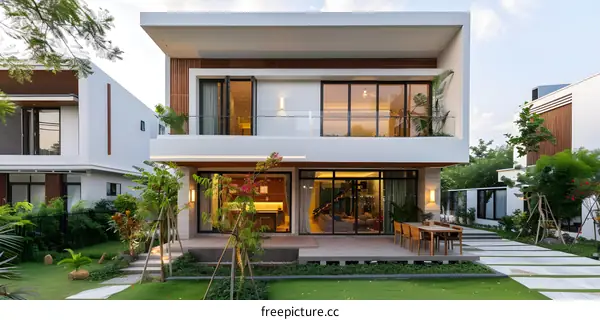 Modern Two Story House With Wooden Accents and Large Windows