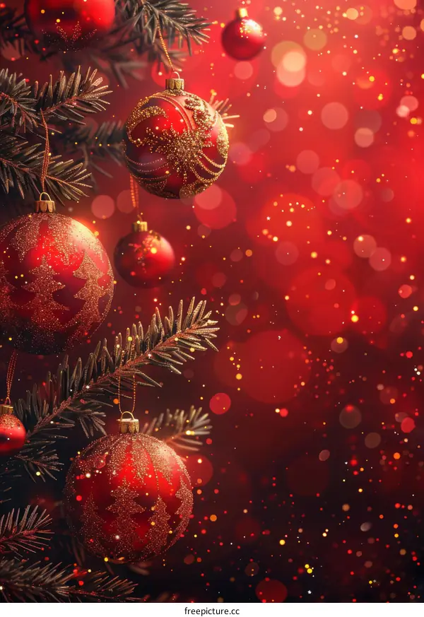 Pine Tree Decorated for Christmas with Red and Green Ornaments