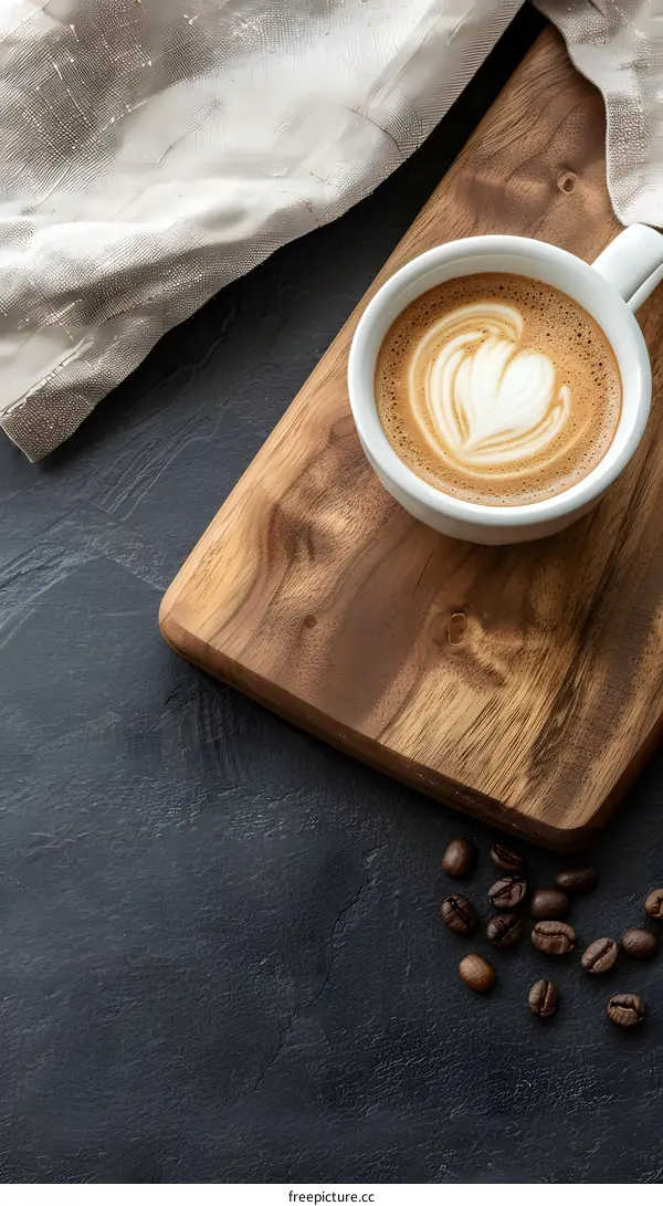 Coffee Latte in White Cup on Wooden Board with Coffee Beans
