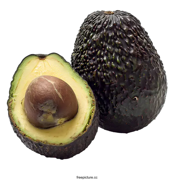 [Transparent Background PNG]Black ripe avocado pear. Whole and half with seed. Isolated on white background.