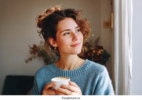 Woman Enjoying a Coffee Break in a Cozy Cafe