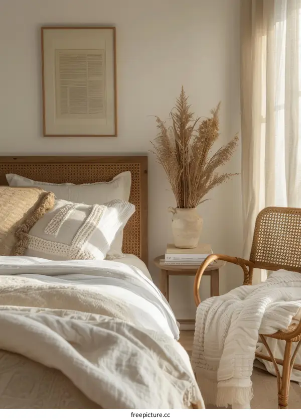 Cozy White Bedroom with Wicker Bed and Floral Touches