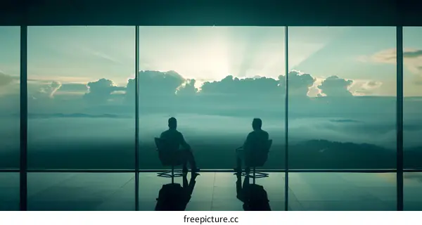 Two Businessmen Sitting In Front of a Window with a View of the Clouds