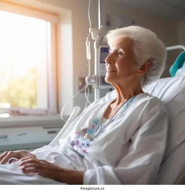 Elderly woman sitting on hospital bed looking out the window
