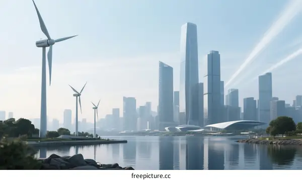 Wind Turbines and Modern Cityscape by Water
