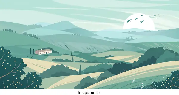 Simple illustration of a country landscape with a house