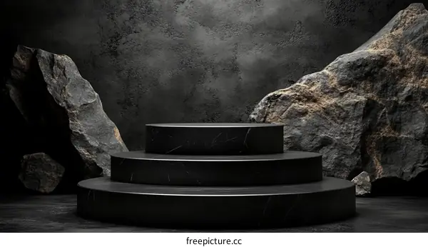 Dark Marble Podium with Rocks Background