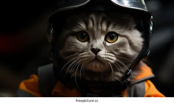 Cute Cat Wearing a Firefighter Helmet