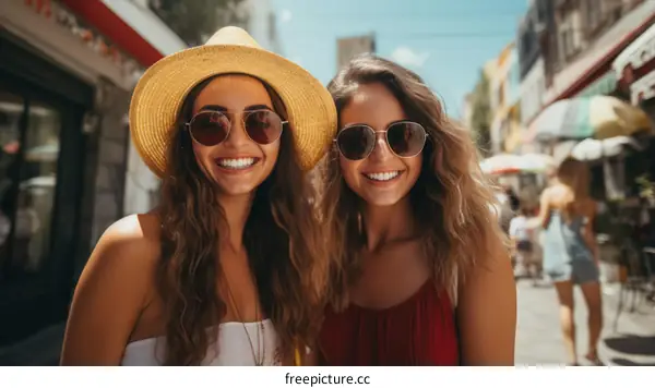Two young women smiling and walking down a street