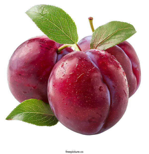 [Transparent Background PNG]Fresh plums with leaves and water drops
