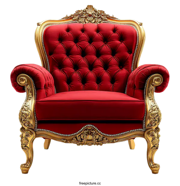 [Transparent Background PNG]Luxurious Red Velvet Throne Chair with Ornate Golden Design