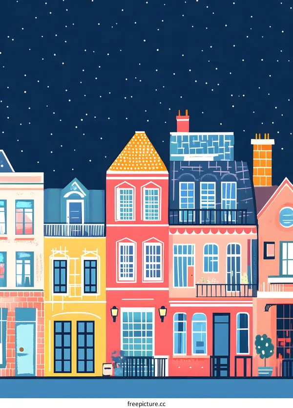 Colorful Houses at Night with Starry Sky