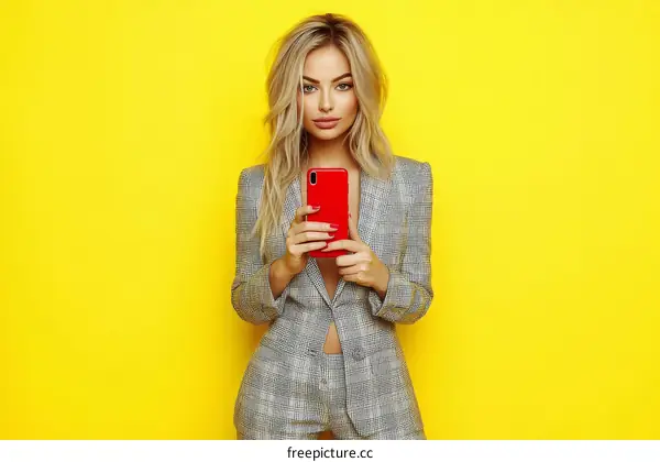 Stylish Woman Holding Red Phone in Front of Yellow Background