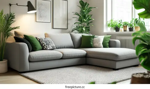 Modern Gray Sectional Sofa with Greenery
