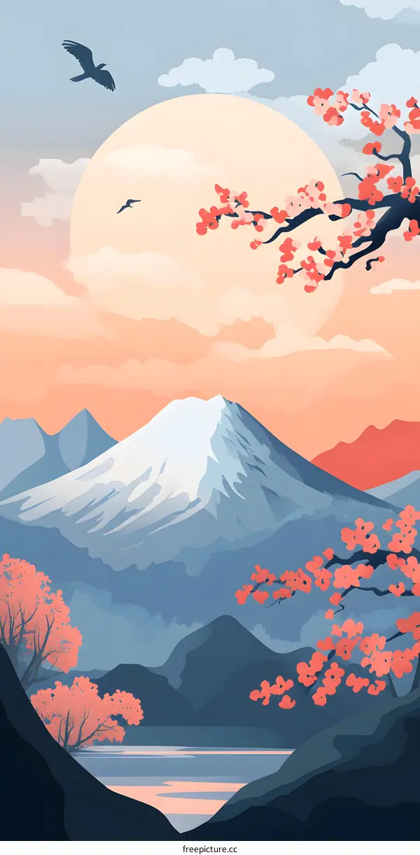 Japanese Mountain Landscape with Cherry Blossom Trees