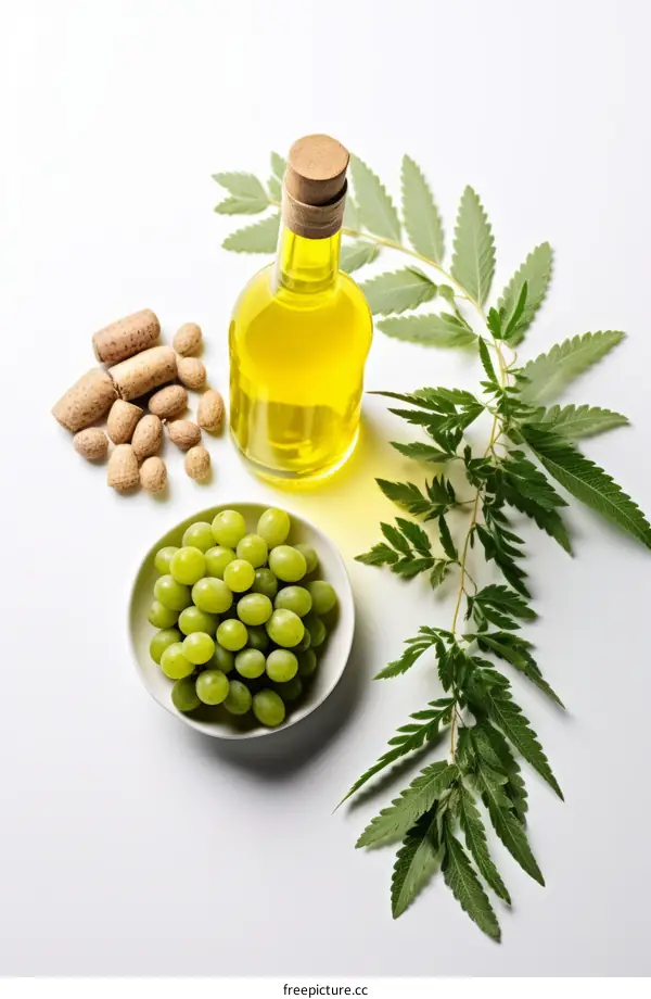 Green grapes, cannabis leaves, and cooking oil