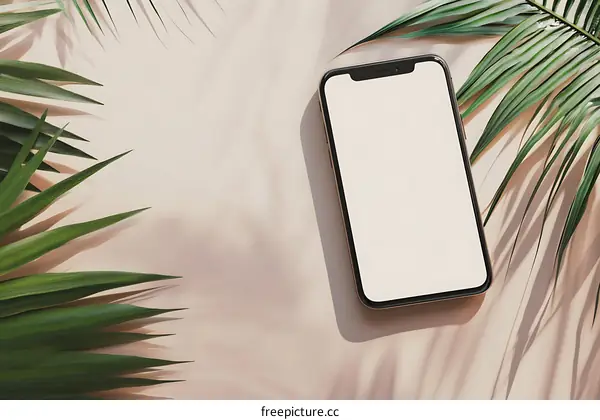 Phone Mockup With Tropical Leaves On Pink Background