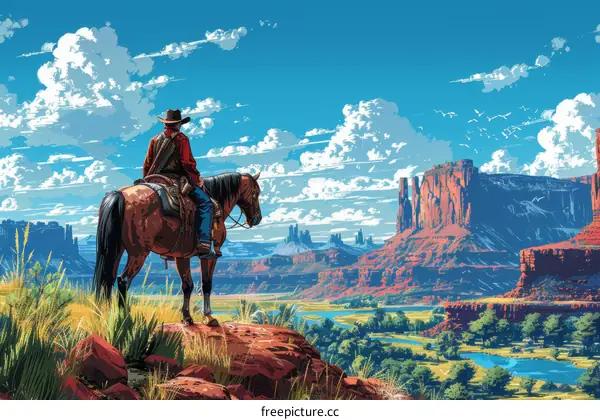 Cowboy on a horse overlooking a canyon