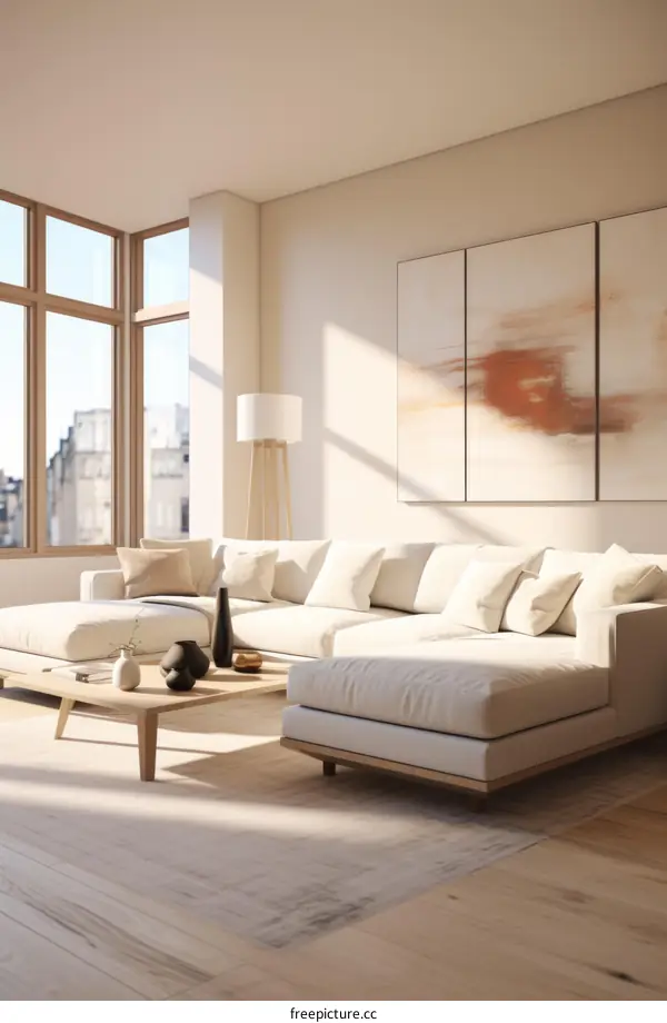 Bright apartment with large windows and comfortable sofa