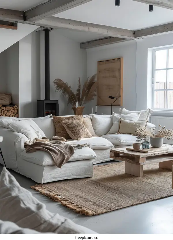 Cozy and Neutral Living Room with White Sofa, Jute Rug, and Wood Fireplace