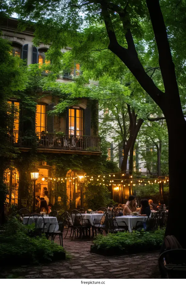 An urban courtyard restaurant with a beautiful view of the city