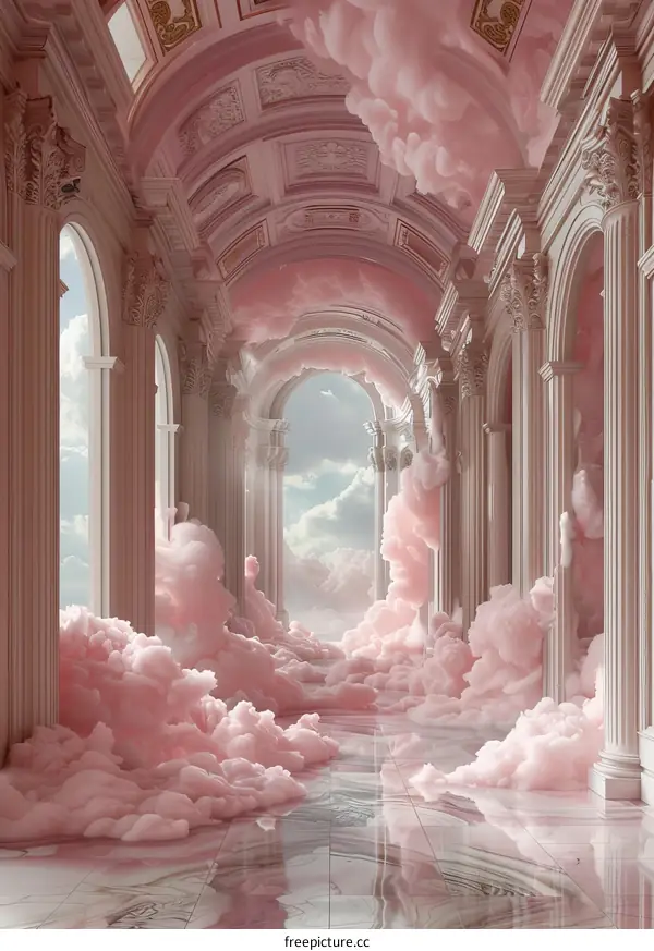 pink clouds fill the hall
