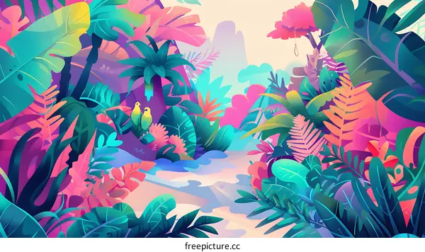 Tropical Forest Illustration with Vibrant Colors and Lush Greenery