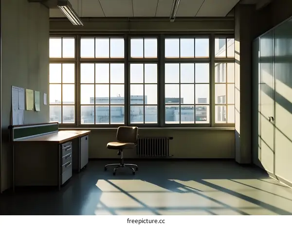 Empty Office Room With Large Windows And Sun Light