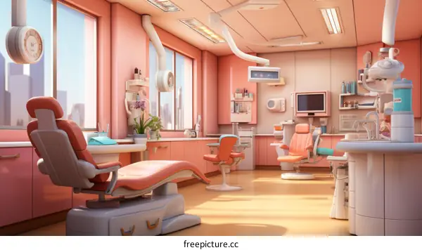 Dental Office Interior with Two Chairs and Equipment