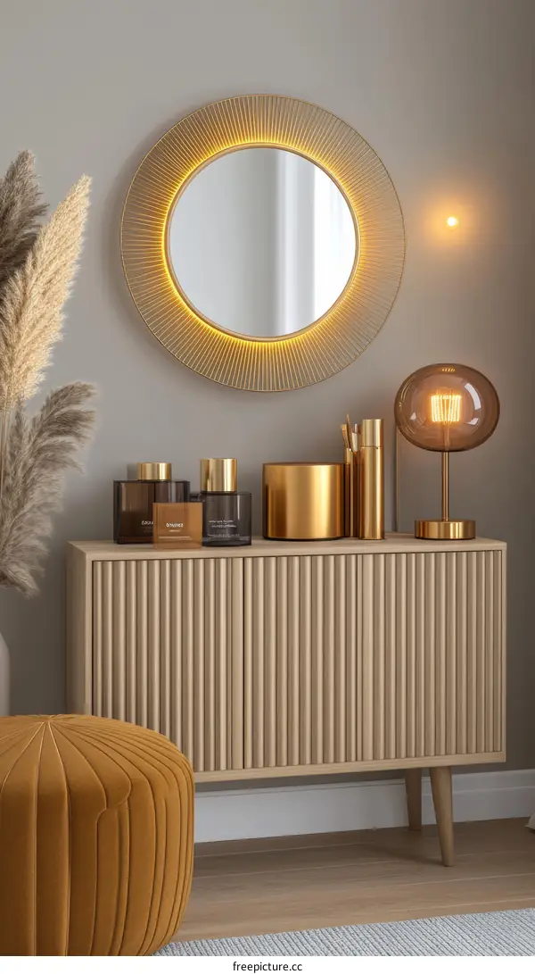 Modern Gold Accented Round Mirror and Light Beige Cabinet Set