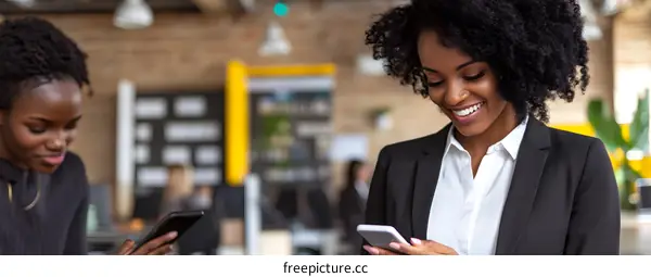 Two Business Women Using Smartphones In Office