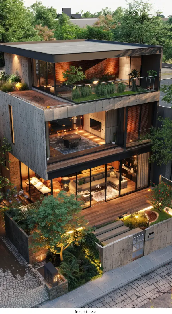 The beautiful house with a garden on the roof