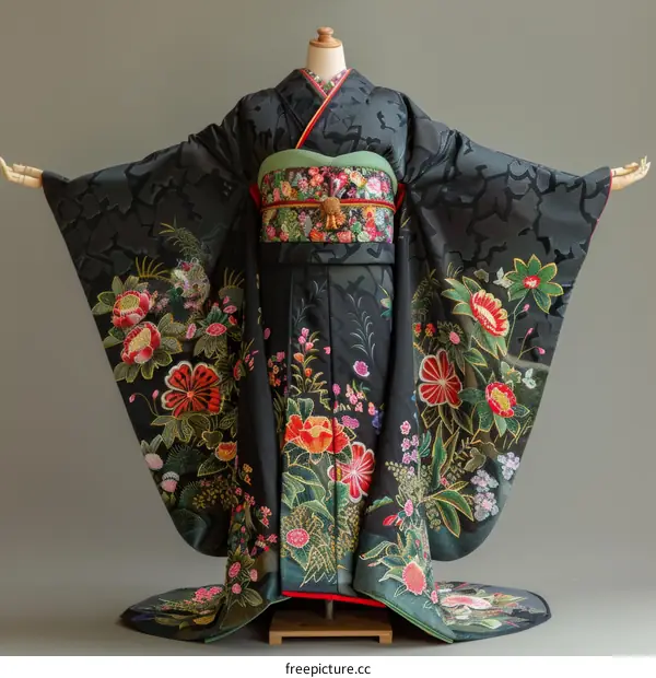 A woman wearing a kimono with floral embroidery