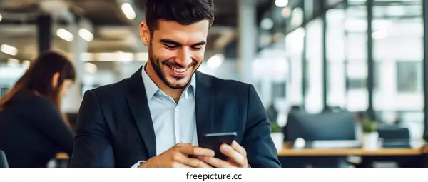 Smiling Businessman Using Smartphone in Office