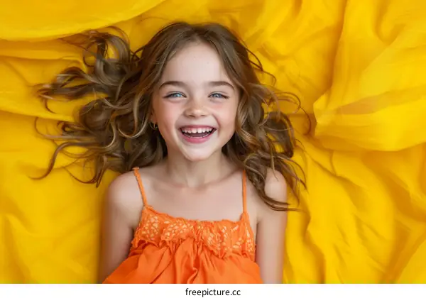 Portrait of a happy little girl in an orange dress lying on a yellow cloth