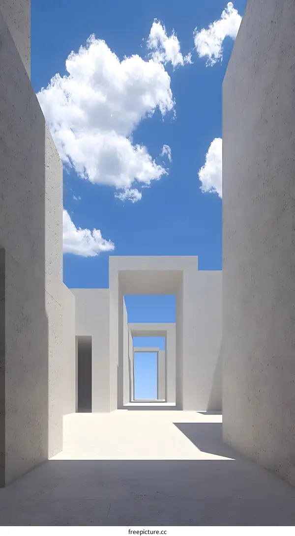 Abstract Minimalist Architecture Hallway with Blue Sky and White Clouds