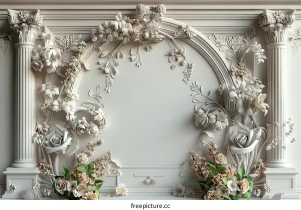Ornate White Wall Relief Sculpture with Roses and Leaves